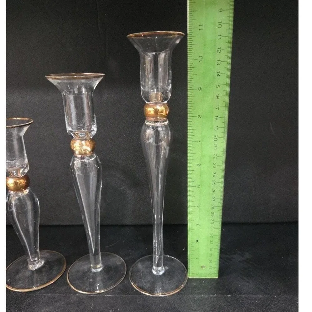 Long-Stemmed Fluted Glass Candlestick Holders, Set of 3 Vintage Gold-Rim Holiday